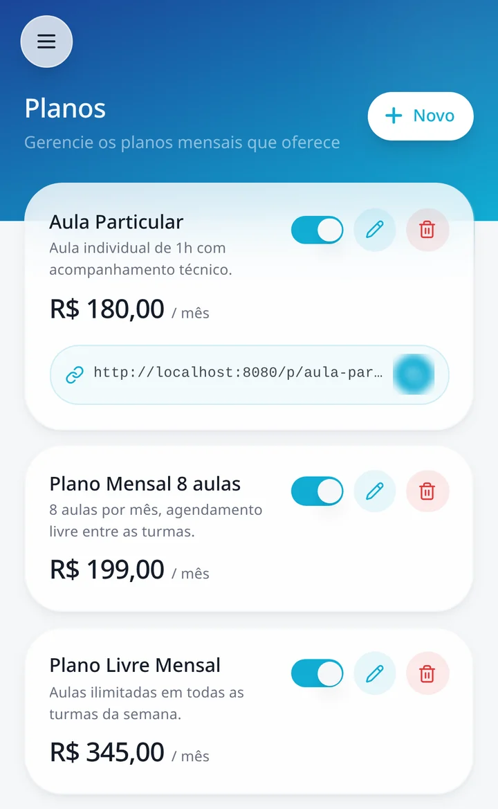 Planos mensais cadastrados pelo professor