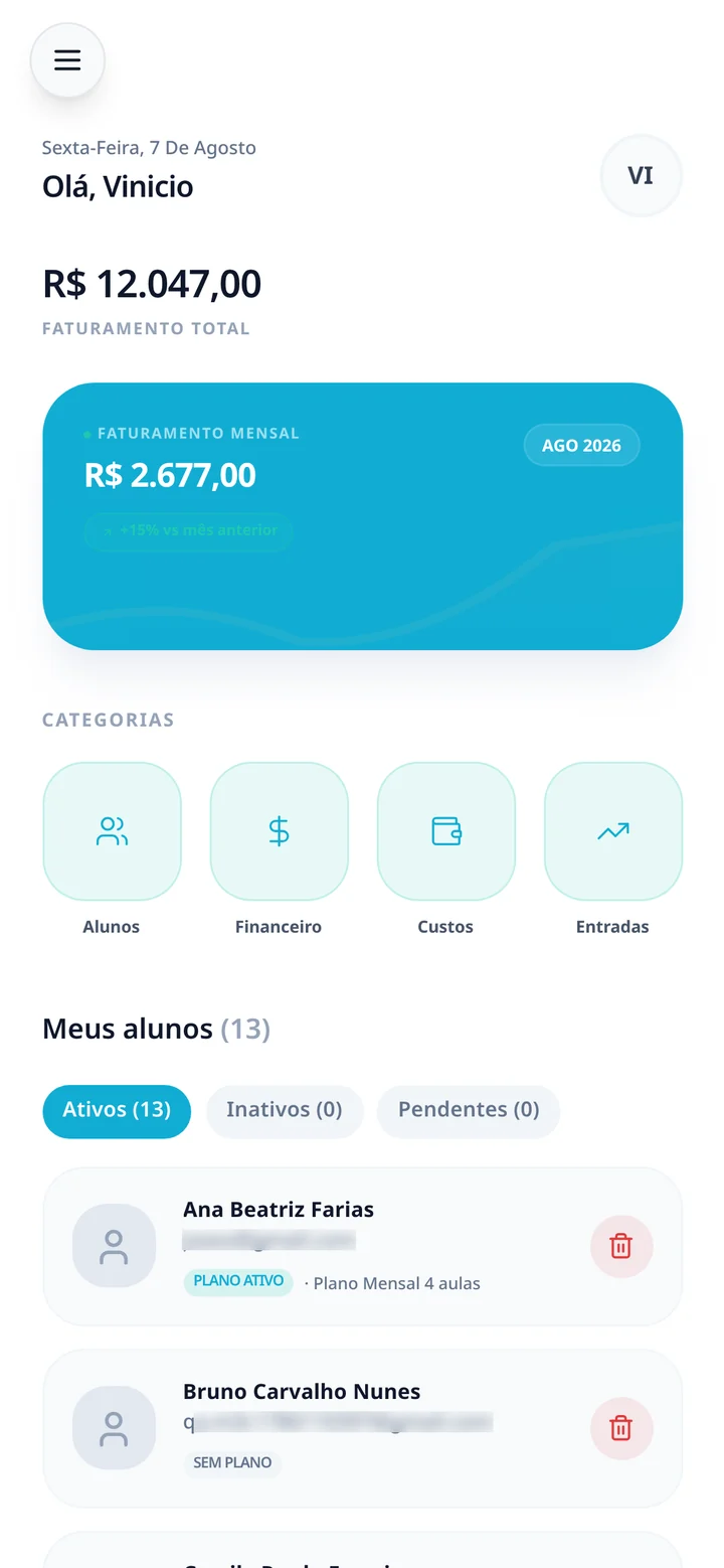 Painel do professor no IMUA Check-in com faturamento e atalhos