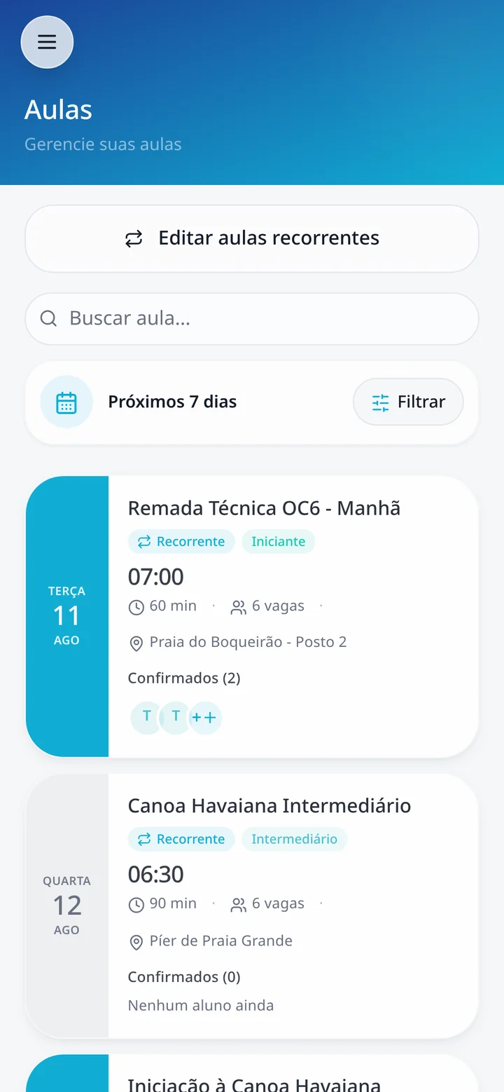 Lista de aulas da semana no IMUA Check-in