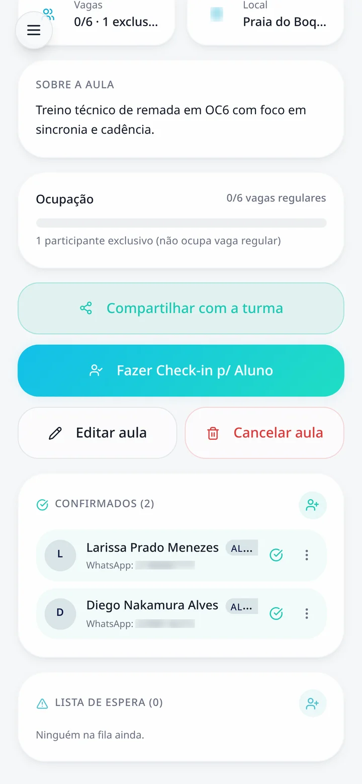 Detalhe da aula com lista de alunos confirmados e check-in